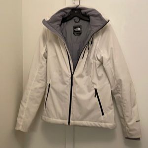 North Face white Sz sm Ski jacket w/ black zipper trim & grey lining w/hood